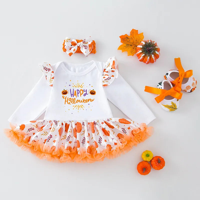 casual pumpkin letter printing ruffles cotton spandex girls clothing sets