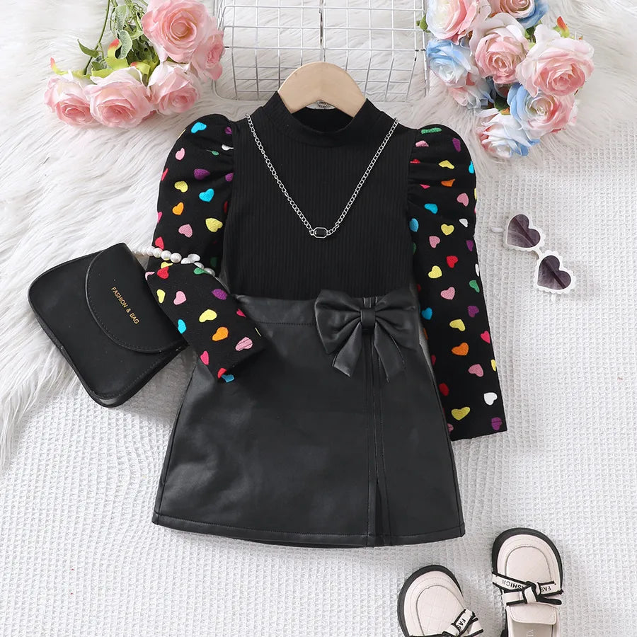 Colorful Heart Sleeve Top Skirt Set For Young Girls Autumn Winter New Style Polyester Fabric Casual Style Children's Outfit