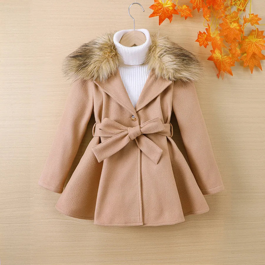 Girls Winter Woolen Jacket Pure Color Lapel Coat EW Children's Clothing Big Flip Collar Fur Trimmed Polyester Fabric DWT611-C
