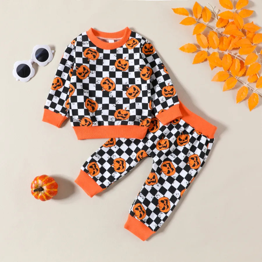 halloween casual pumpkin plaid printing cotton blend polyester boys clothing sets