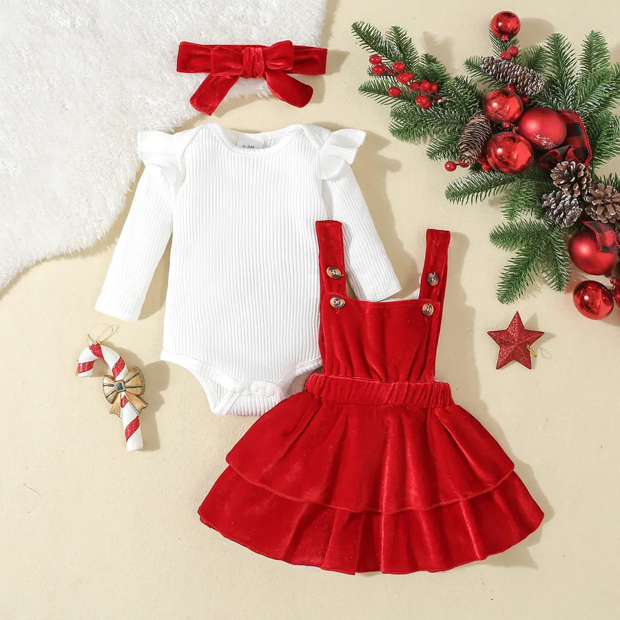 Christmas New Style Infant Toddler Striped Long Sleeve Romper Pure Color Overalls Girls Autumn Winter Set Soft Cotton Polyester