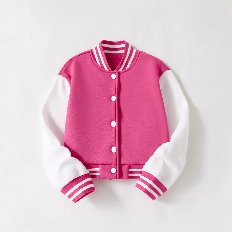 Girls' Knitted Open Cardigan Baseball Style Casual Spring Autumn Clothes Soft Polyester Fabric Long Sleeve Print Collar Jacket