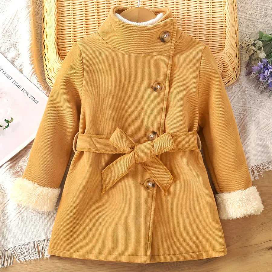 EW Kids' Autumnal Plush-Sleeved Hooded Coat Pure Color High Collar Girls' Jacket For Small And Medium Children Casual Style