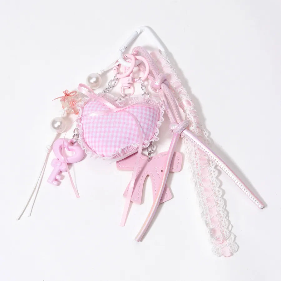 Pink Ruffle Heart Shaped PU Leather Butterfly Knot Beaded Bag Charm Keychain Key Holder Handbag Decorative Accessory
