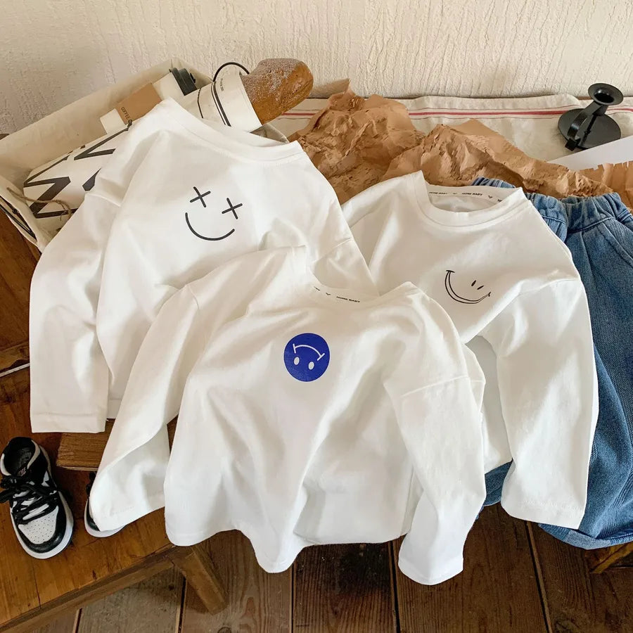 Pure Cotton Long Sleeve Children's T-shirt Baby Spring Fashion Single Top Boys Girls Smiley Inner Wear New Style Base Shirt