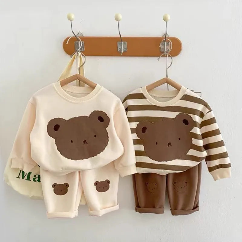 Children's Bear Casual Set Autumn New Style Girl Cartoon Fashionable Sweatshirt Two-piece Spring Home Wear Cotton Flannel