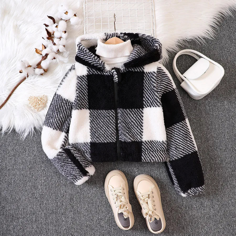 Thickened Fluffy Plaid Hooded Coat For Girls Autumn Winter EW Children's Clothing Casual Style Big Children's Jacket DWT519-C